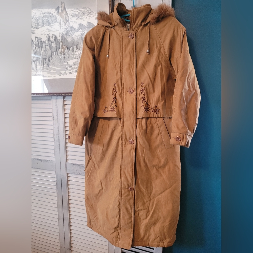 Vintage Women's Brown Embroidered Hooded Coat